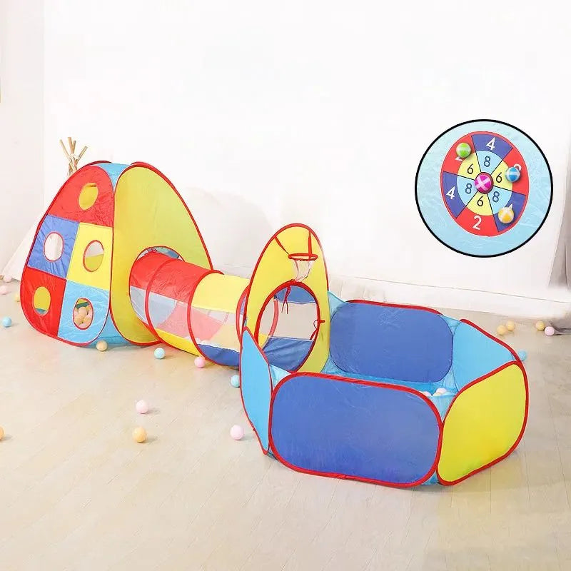 Parcours de motricité pliable en mousse bleue avec tente igloo, tunnel coloré et piscine à balles remplie de boules multicolores, idéal pour jeux intérieurs modulaires pour enfants de 1 à 5 ans.