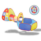Aire de jeu modulaire pour bébés : parcours motricité pliable incluant une tente pop-up, un tunnel d'exploration et une piscine à balles sécurisée, dans un salon familial lumineux.