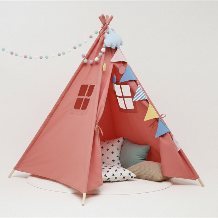 Tipi Enfant en Toile de Coton Rose - 160cm - Cabane de Jeu Pliable