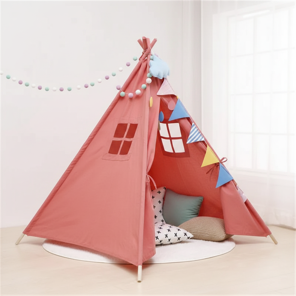 Tipi Enfant en Toile de Coton Rose - 160cm - Cabane de Jeu Pliable