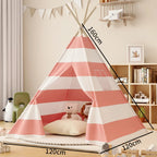 Tente Tipi Enfant Rayée Rose et Blanche en Coton et Bois de Pin