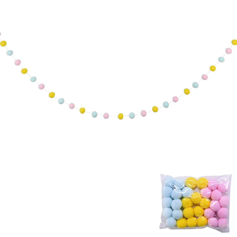 Guirlande de Pompons en Feutre de Laine Pastel Jaune, Bleu, Rose