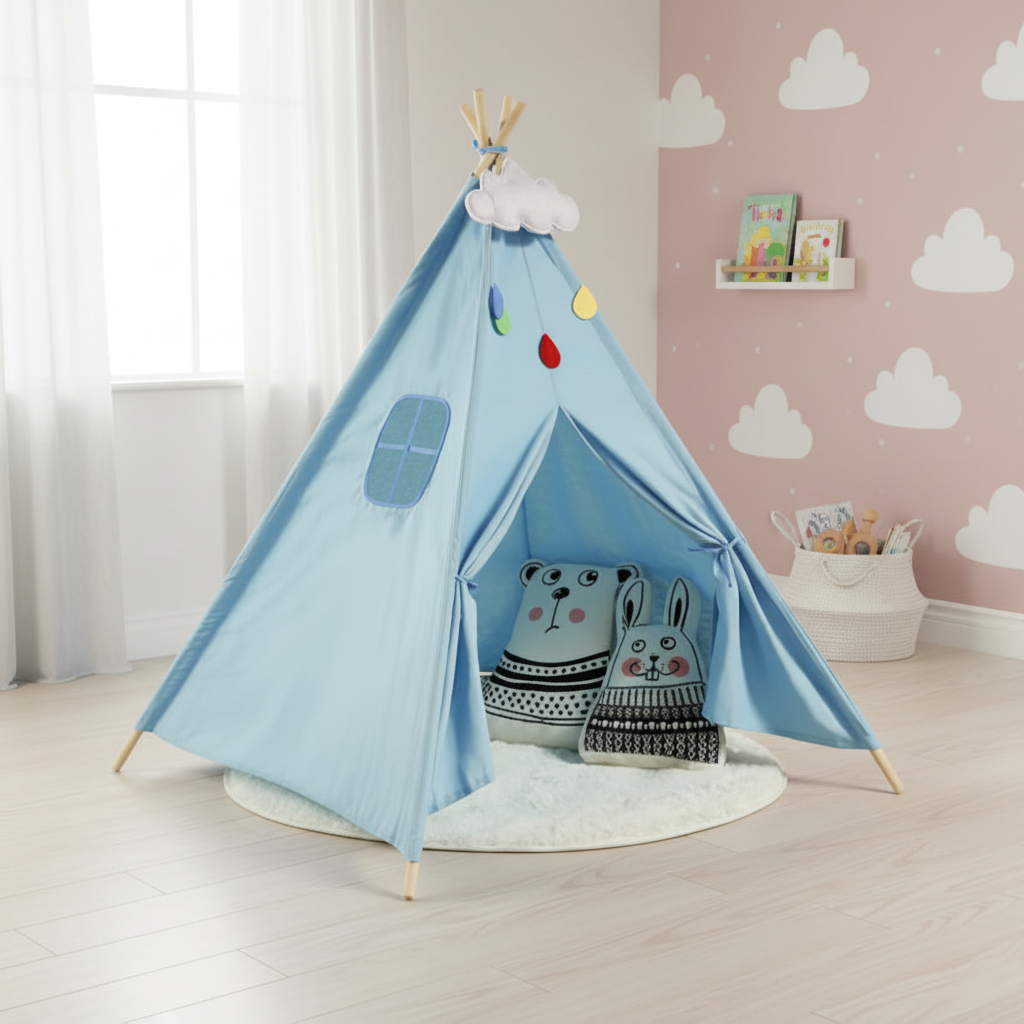 Tente Tipi Enfant en Toile de Coton Bleu 1.6m