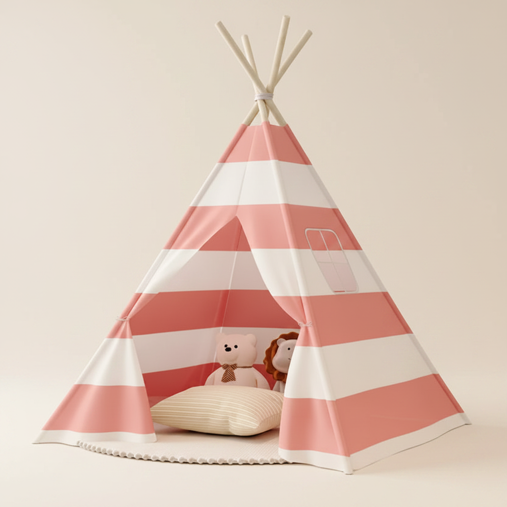 Tente Tipi Enfant Rayée Rose et Blanche en Coton et Bois de Pin