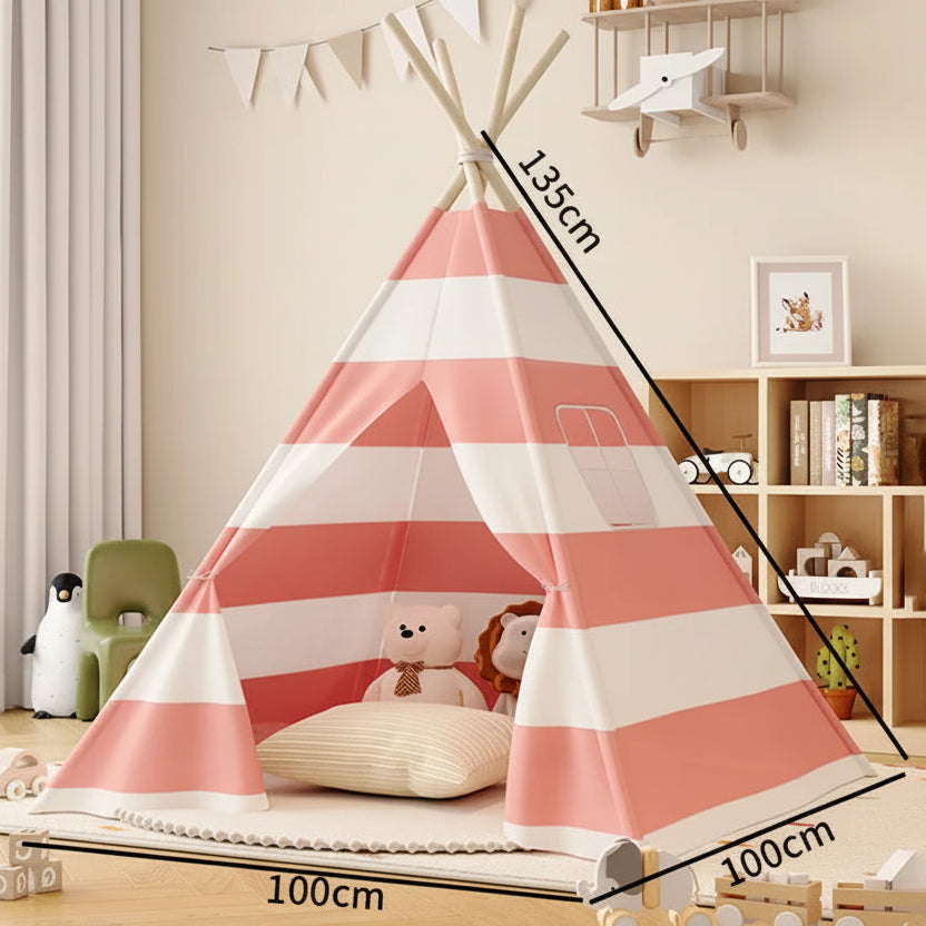 Tente Tipi Enfant Rayée Rose et Blanche en Coton et Bois de Pin