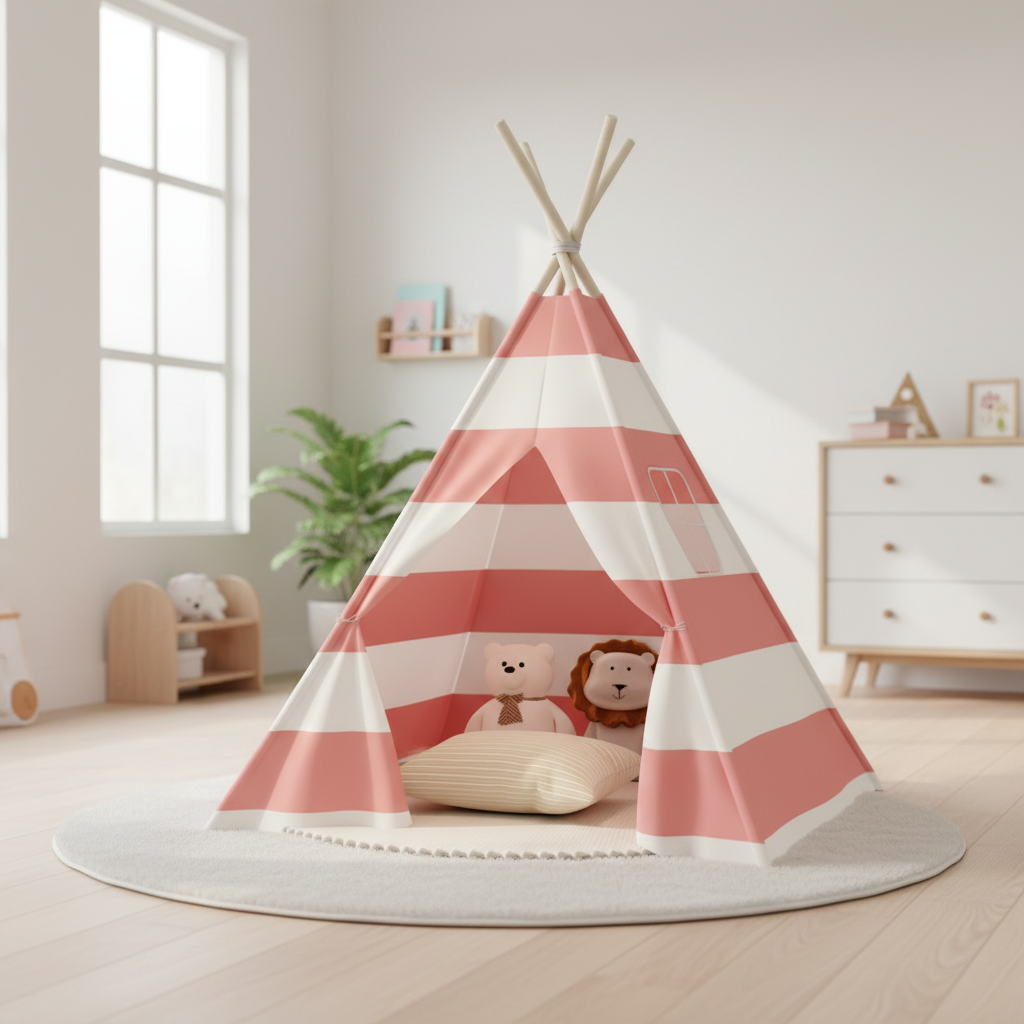 Tente Tipi Enfant Rayée Rose et Blanche en Coton et Bois de Pin