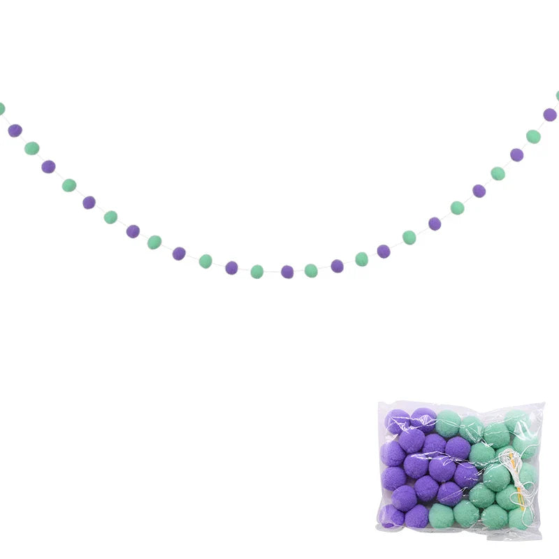 Guirlande de Pompons en Laine 2m - Vert Menthe, Gris et Noir