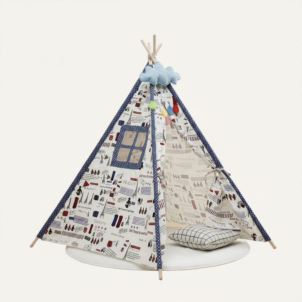 Tente Tipi Enfant Motif Paris - Toile Coton & Bois 1.6m