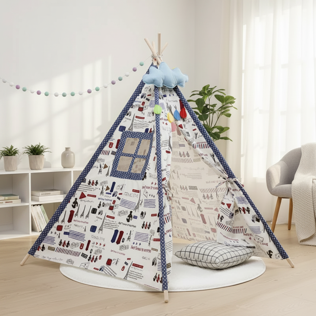 Tente Tipi Enfant Motif Paris - Toile Coton & Bois 1.6m
