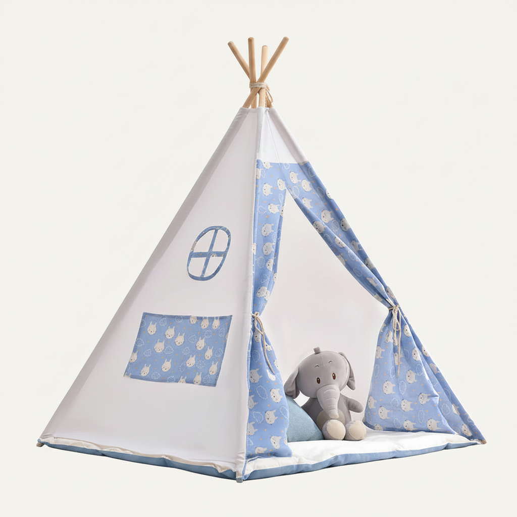 Tipi Blanc Bleu Motif Lapin 135cm