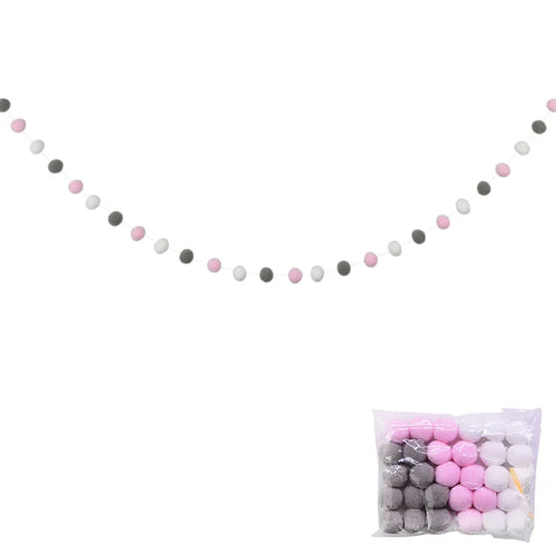 Guirlande de Pompons en Laine - Décoration Tipi Enfant - Rose et Blanc