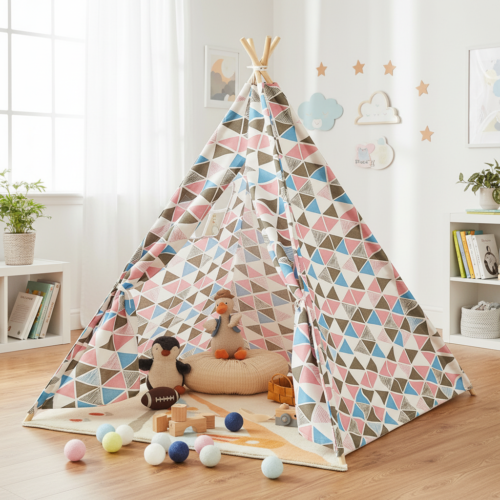 Tipi Enfant Multicolore Géométriques en Toile de Coton et Bois 135cm