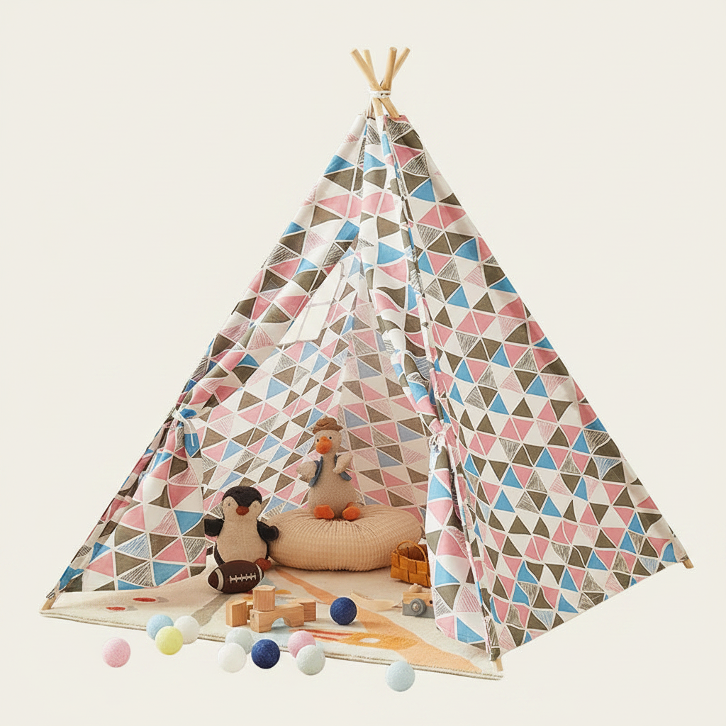 Tipi Enfant Multicolore Géométriques en Toile de Coton et Bois 135cm