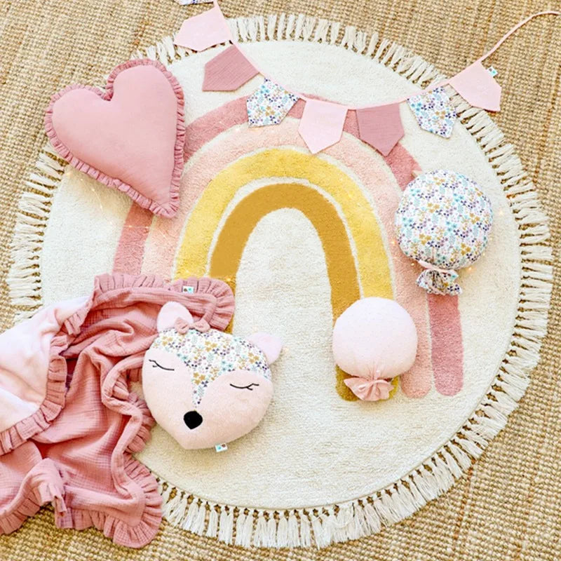 Tapis de Sol Rond Arc-en-Ciel pour Tipi et Tente Enfant Boho