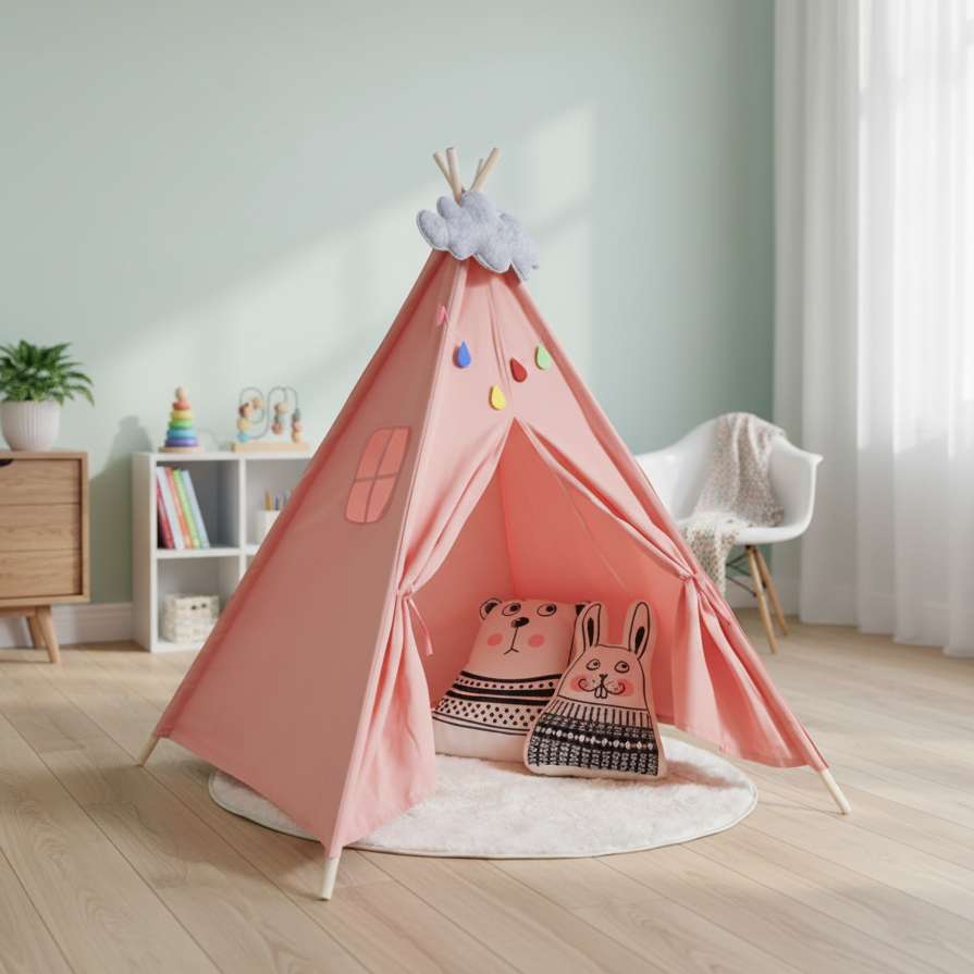 Tipi Enfant Rose en Coton – Tente de Jeu Intérieure avec Fenêtre 160cm