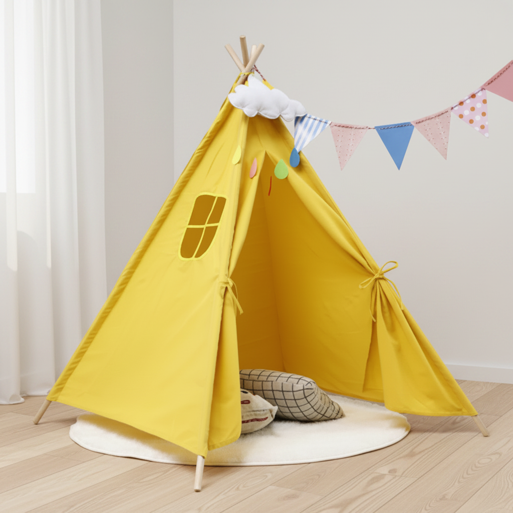 Tipi Enfant Jaune 160cm - Tente de Jeu en Toile avec Fenêtre
