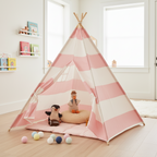 Tente Tipi Enfant en Coton Rayé Rose et Blanc 1.35m