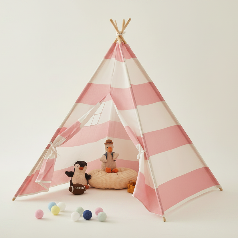 Tente Tipi Enfant en Coton Rayé Rose et Blanc 1.35m