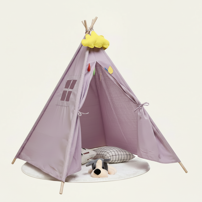 Tente Tipi Enfant Mauve - 1,6m - Toile Coton & Structure Bois