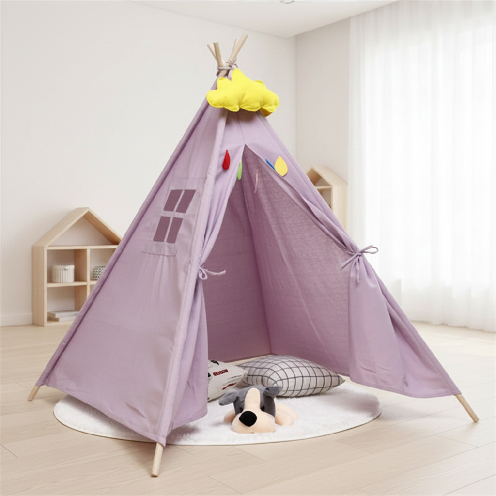 Tente Tipi Enfant Mauve - 1,6m - Toile Coton & Structure Bois