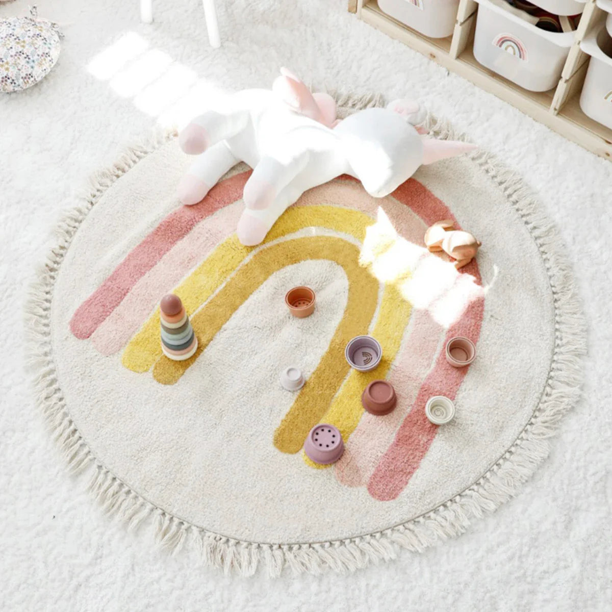 Tapis de Sol Rond Arc-en-Ciel pour Tipi et Tente Enfant Boho