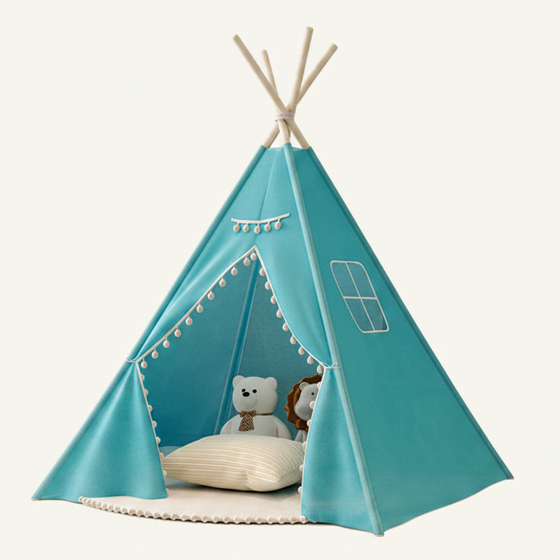 Tipi Enfant Bleu Intérieur en Coton avec Pompons et Fenêtre