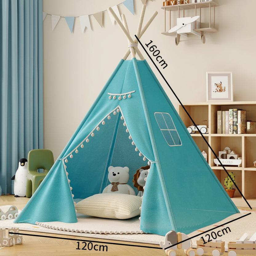 Tipi Enfant Bleu Intérieur en Coton avec Pompons et Fenêtre