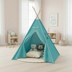 Tipi Enfant Bleu Intérieur en Coton avec Pompons et Fenêtre