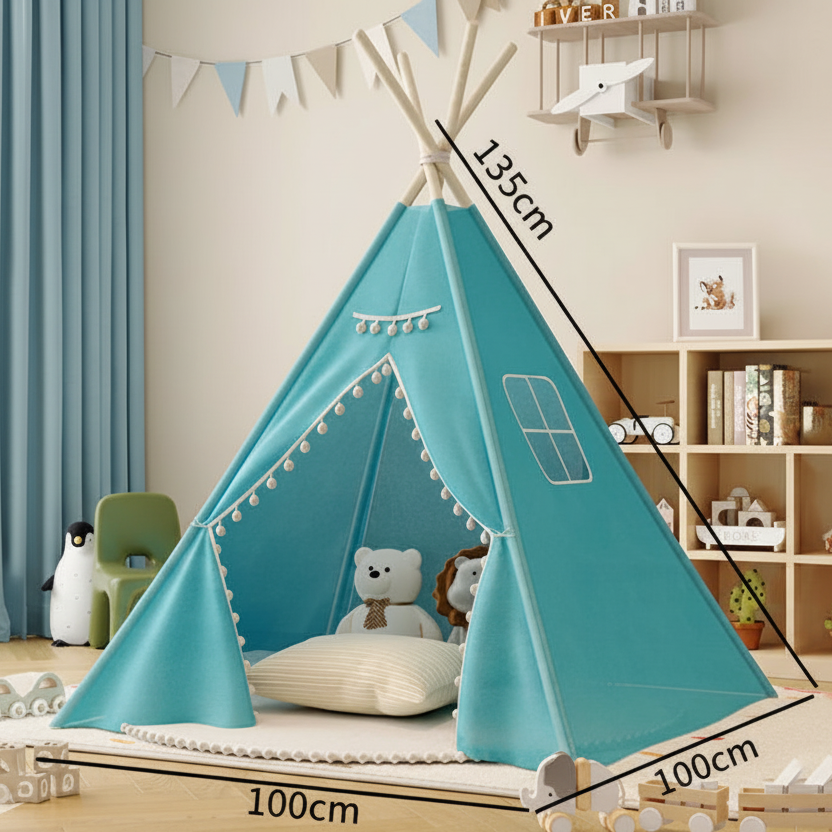Tipi Enfant Bleu Intérieur en Coton avec Pompons et Fenêtre