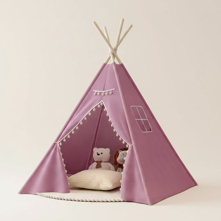 Tipi Enfant Violet en Coton avec Pompons et Fenêtre
