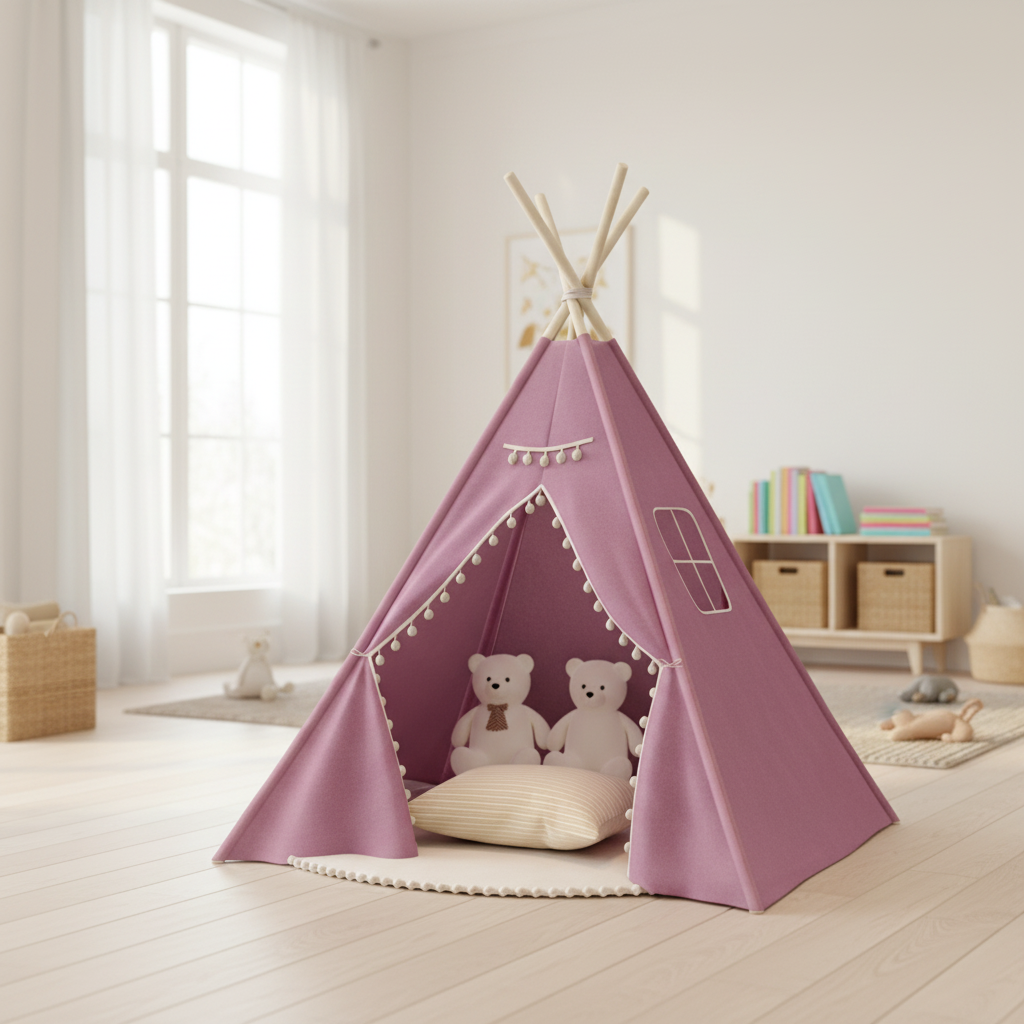 Tipi Enfant Violet en Coton avec Pompons et Fenêtre