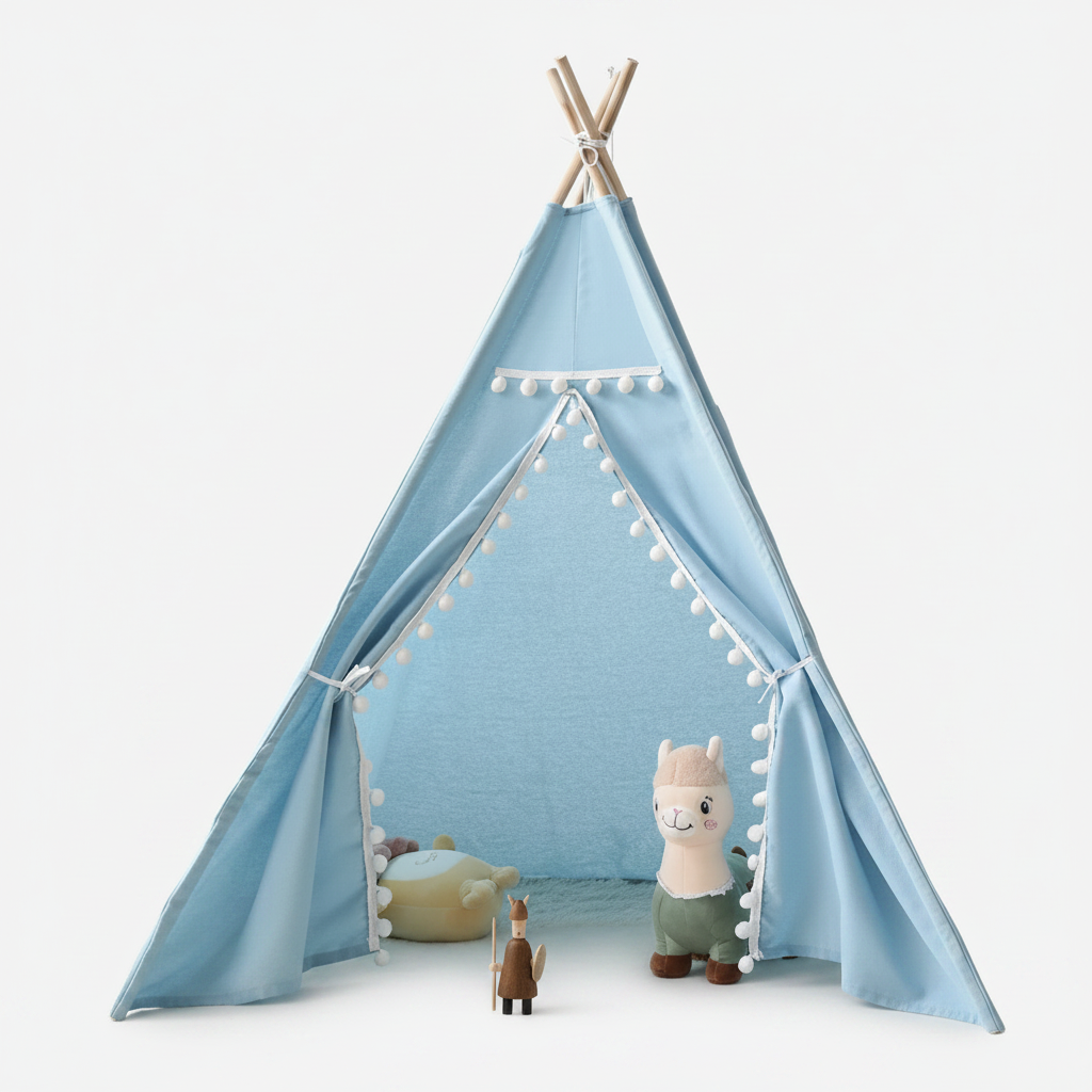 Tipi Enfant Bleu Ciel avec Pompons Blancs Intérieur en Coton
