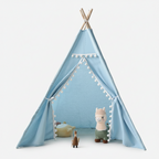 Tipi Enfant Bleu Ciel avec Pompons Blancs Intérieur en Coton