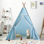 Tipi Enfant Bleu Ciel avec Pompons Blancs Intérieur en Coton