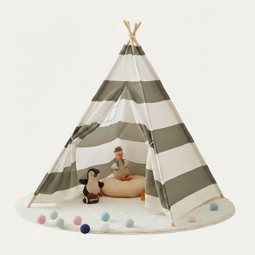 Tente Tipi Enfant Rayée Gris et Blanc en Coton avec Fenêtre 130cm