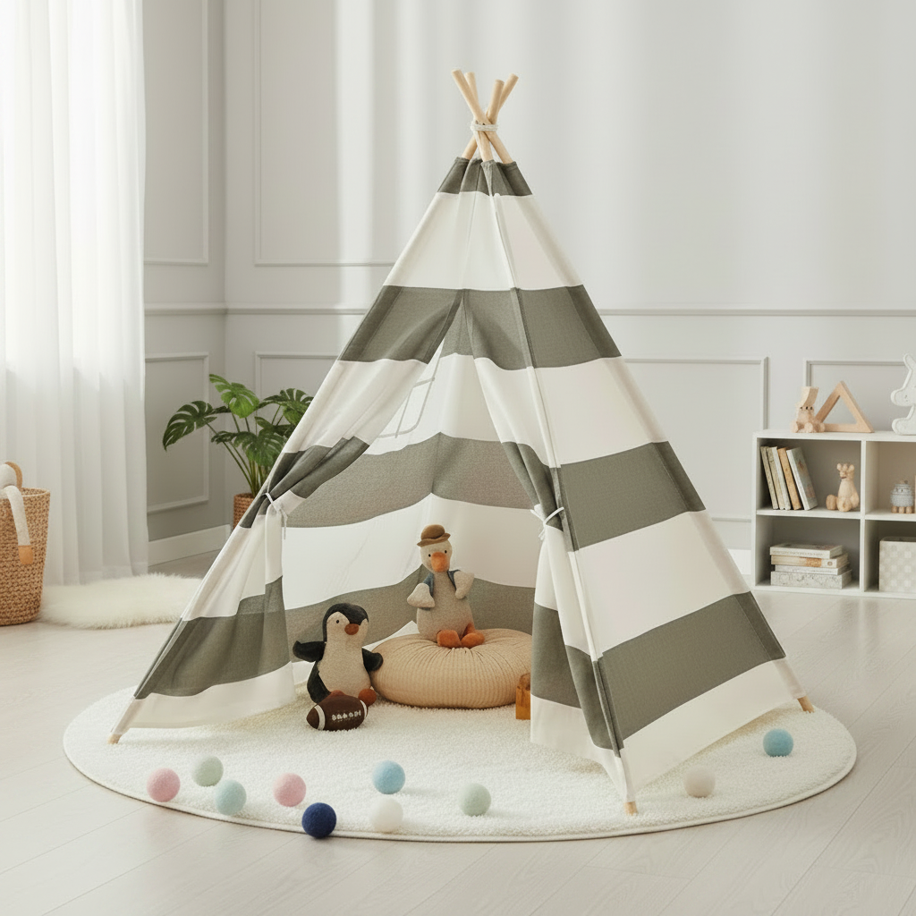 Tente Tipi Enfant Rayée Gris et Blanc en Coton avec Fenêtre 130cm