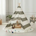 Tente Tipi Enfant Rayée Gris et Blanc en Coton avec Fenêtre 130cm
