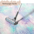 Tapis shaggy vibrant rainbow motifs spirales dégradés, texture peluche douce et invitante.