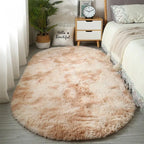 Tapis ovale shaggy plush tie-dye arc-en-ciel, style scandinave moderne et coloré.