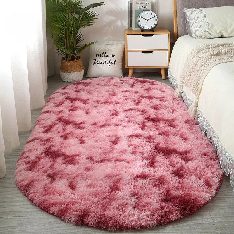 Tapis shaggy ovale couleurs vives en plush avec dégradé tie-dye, style moderne nordique