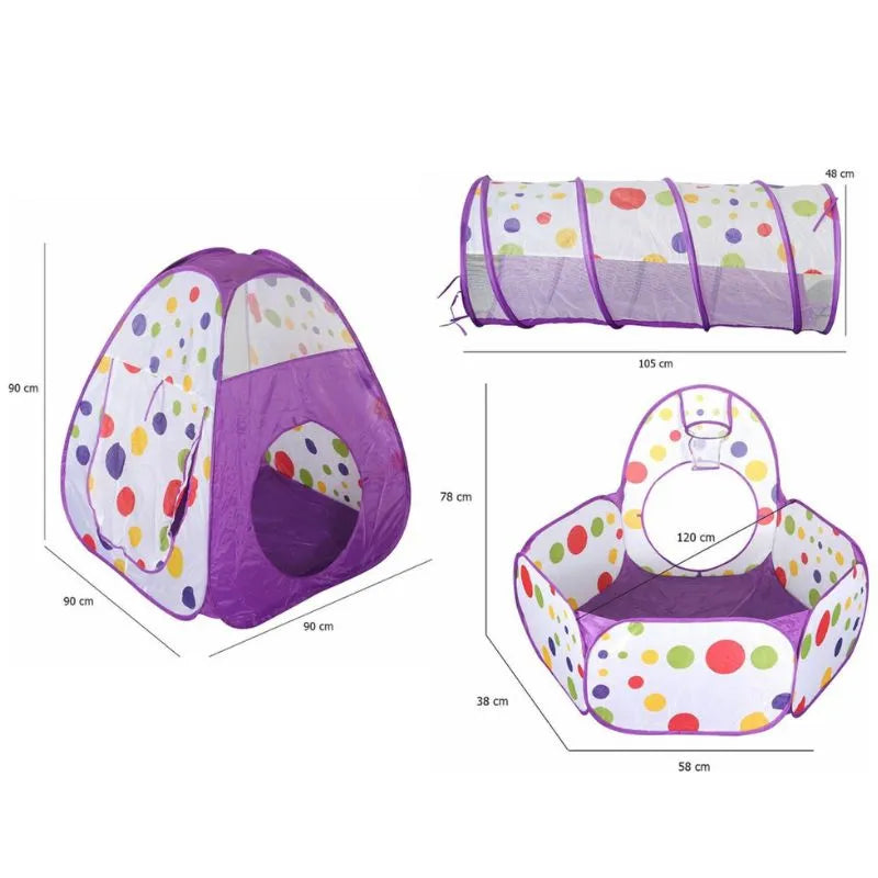 Tente modulable de couleur violette avec surface sécurisée, tunnel de jeu et piscine à balles colorées pour des moments ludiques et éducatifs pour enfants.