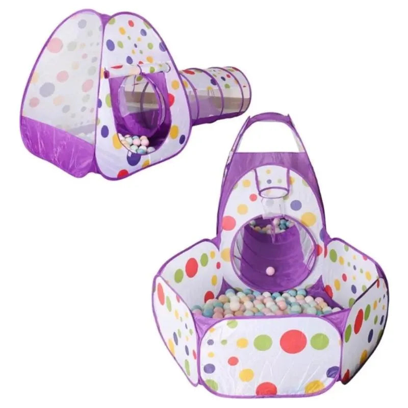 Tente bébé violette avec tunnel et piscine à balles colorées, idéale pour une aire de jeu modulable et sécurisée en intérieur pour enfants.