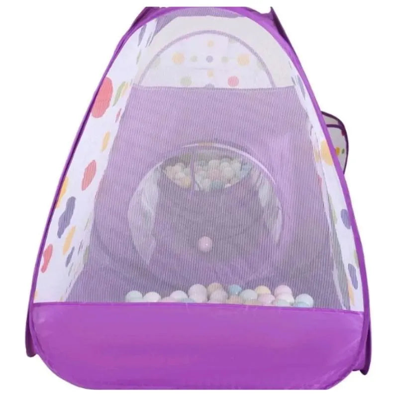 Structure gonflable violette 3 en 1 pour bébés : tente avec tunnel et piscine à balles, conçue comme aire de jeu modulable et sécurisée pour l'intérieur.