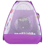 Structure gonflable violette 3 en 1 pour bébés : tente avec tunnel et piscine à balles, conçue comme aire de jeu modulable et sécurisée pour l'intérieur.