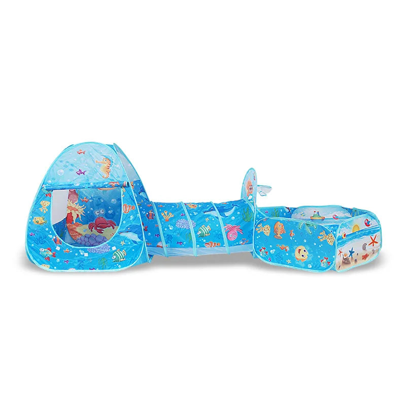 Tente de jeu 3-en-1 thème marin avec tunnel et piscine à balles, aire de jeu pliable et portable pour enfants