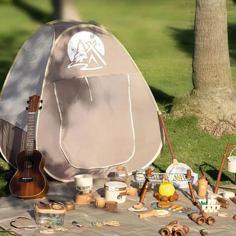 Tente de jeu camping avec 34 accessoires, pour une expérience de plein air complète.