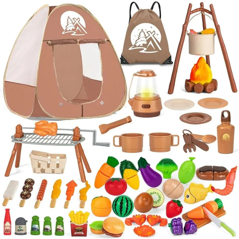 Tente de jeu camping pour enfant, accompagnée de 34 accessoires réalistes pour l'aventure.
