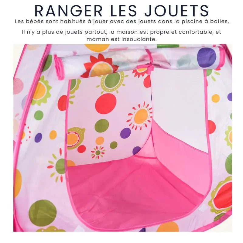 Tente de jeu pliable rose avec motifs, facile à installer et à ranger.