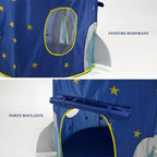 Tente de jeux fusée bleue avec tunnel pliable, facile à installer en intérieur ou extérieur.