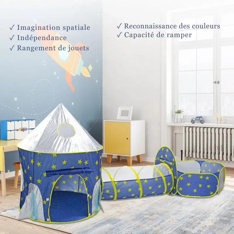 Ensemble tente de jeux et tunnel fusée bleue, stimulant l'imagination des petits astronautes.